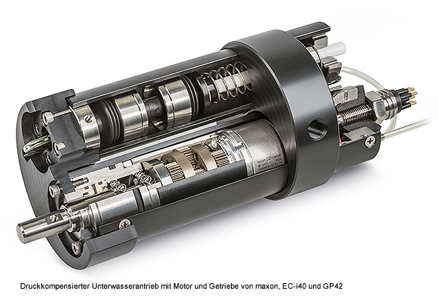 Druckkompensierter Unterwasserantrieb mit Motor und Getrieben von maxon, ECi40 und GP42 Druckkompensierter Unterwasserantrieb mit Motor und Getrieben von maxon, ECi40 und GP42